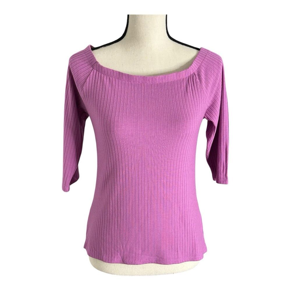 Soft Surroundings XS off the shoulder Light Purple rib 3/4 Sleeves knit top